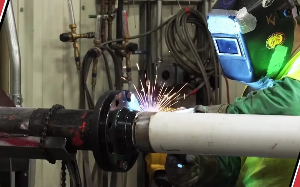 Welder joining a large commercial pipe for plumbing service in Laguna Niguel